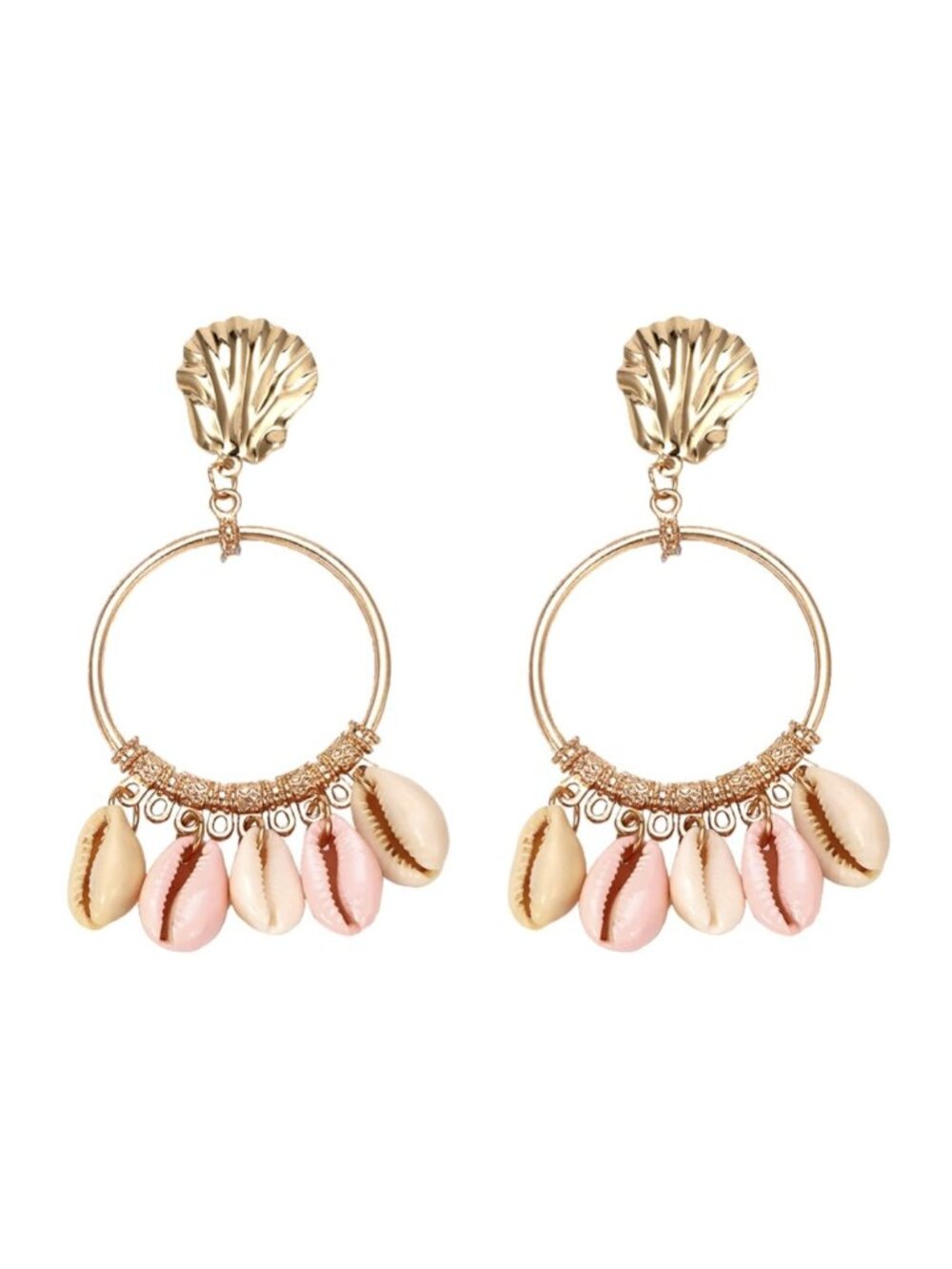 Large Gold Pink Seashell Round Hoop Dangle Earrings